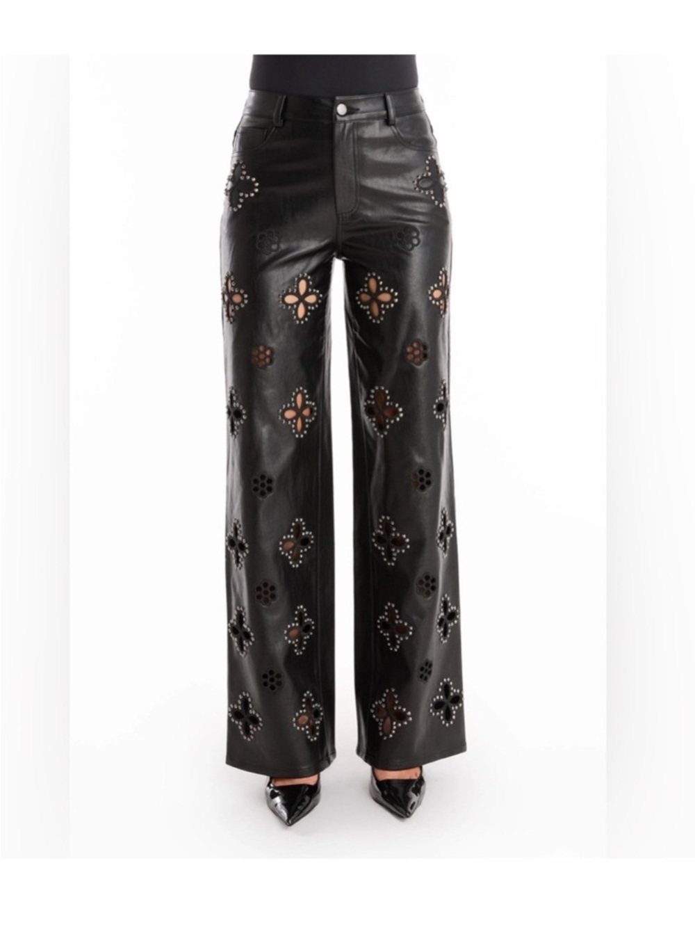 Noli Black Laser-Cut Wide-Leg Leather Pants